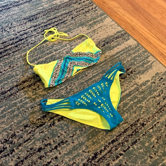 Blue and Neon Yellow Strappy Rip Curl Bikini, Sz M - Picture 7 of 13